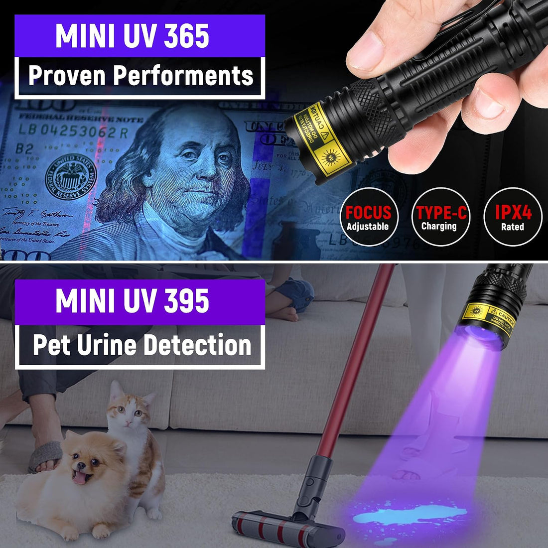 DARKDAWN UV Flashlight 365 & 395nm Black Light，Ultraviolet Blacklight