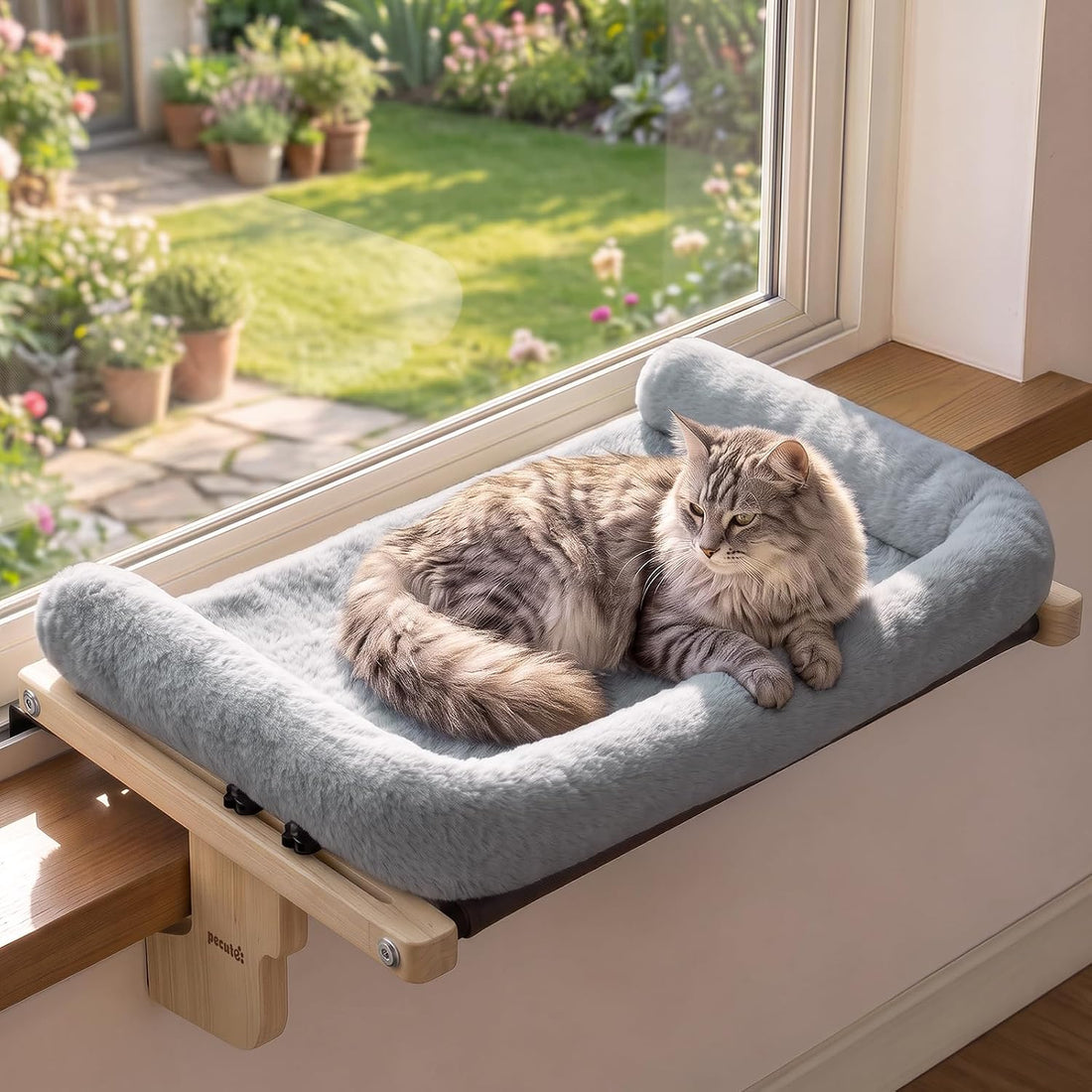 Pecute Cat Windowsill Perch, Cloud-Soft Cat Bed with Wood Frame