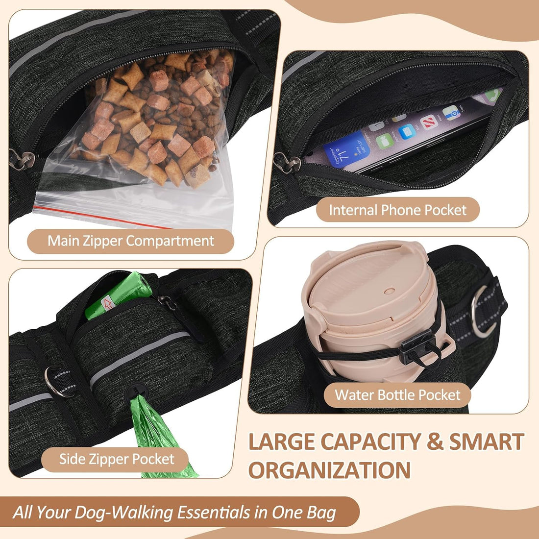 Hands Free Dog Leash with Waist Bag Bungee, Medium/Large, 25-120 lbs