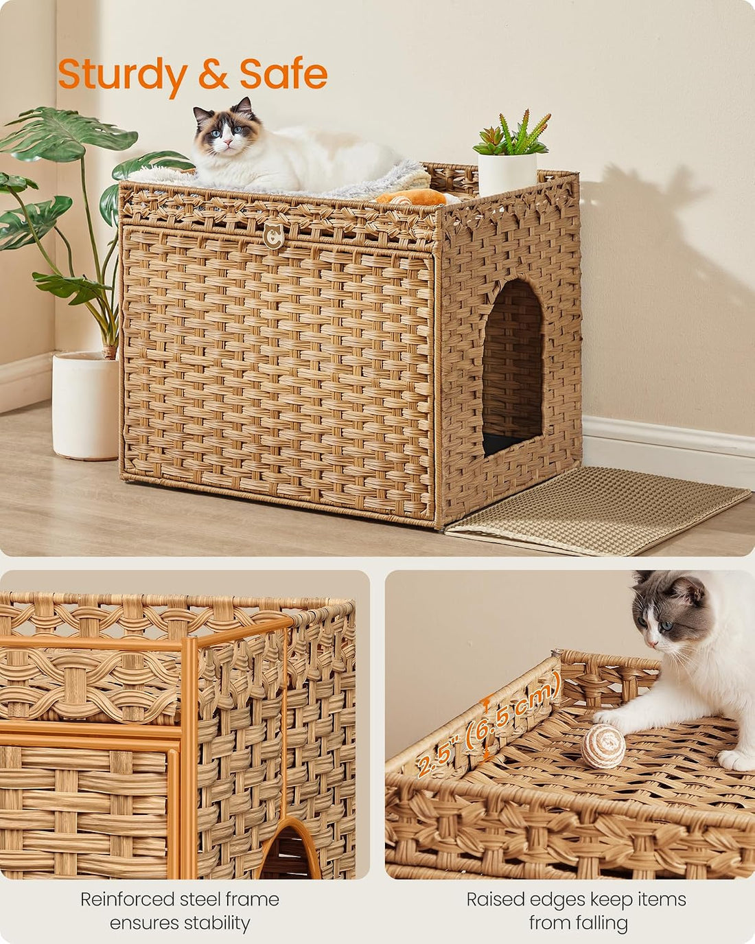 Feandrea Cat Litter Box Enclosure, Handwoven Rattan End Table