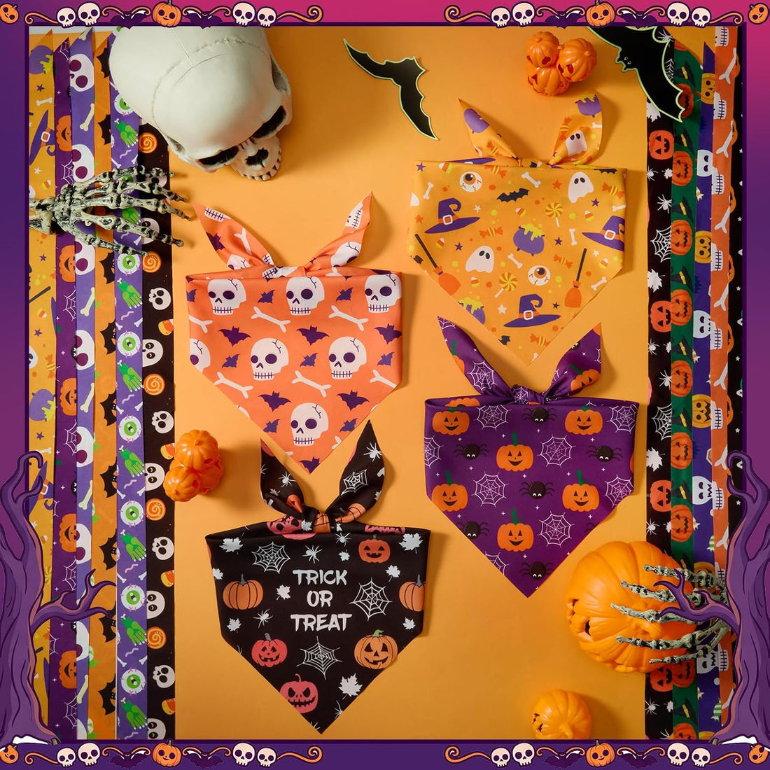 50 Pcs Halloween Dog Bandanas Bulk, Pumpkin Ghost Bat Skull Pattern