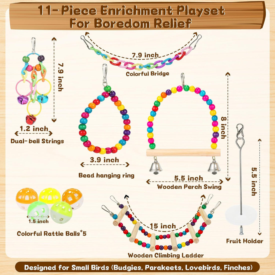 11 Pcs Bird Cage Toy Set for Parakeets, Cockatiels