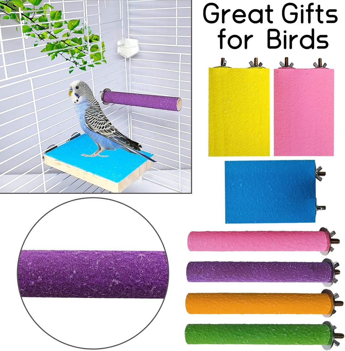 7PCS Bird Perch Stand Platform Natural Wood Parakeet Toys Cage