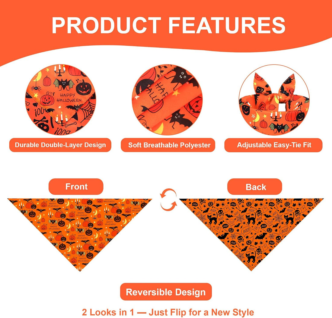 Halloween Dog Bandana for Large Dogs, Reversible Orange Scarf