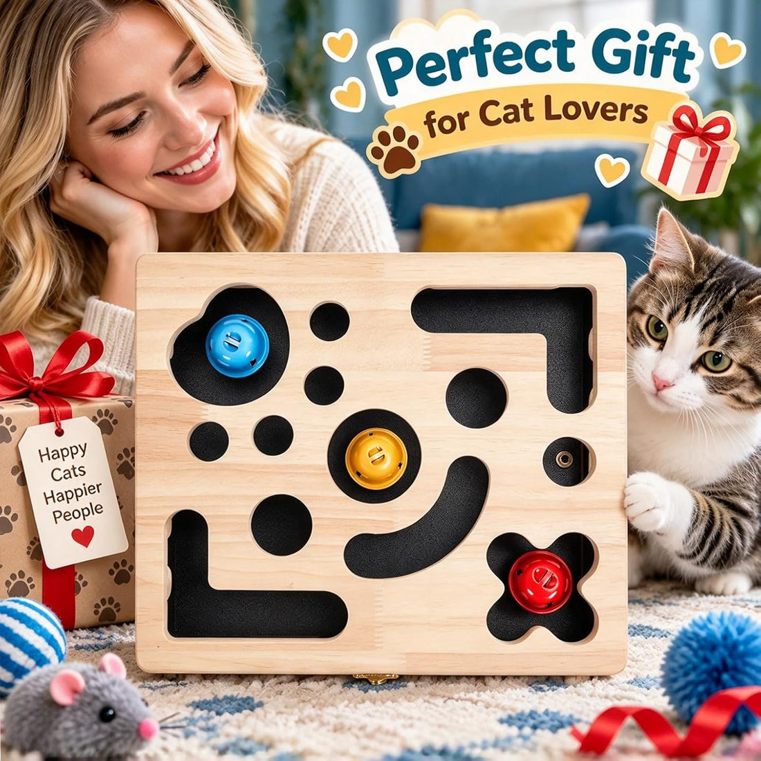 Cat Nail File Enrichment Box, Wood Puzzle Scratcher Toy with Sandpaper