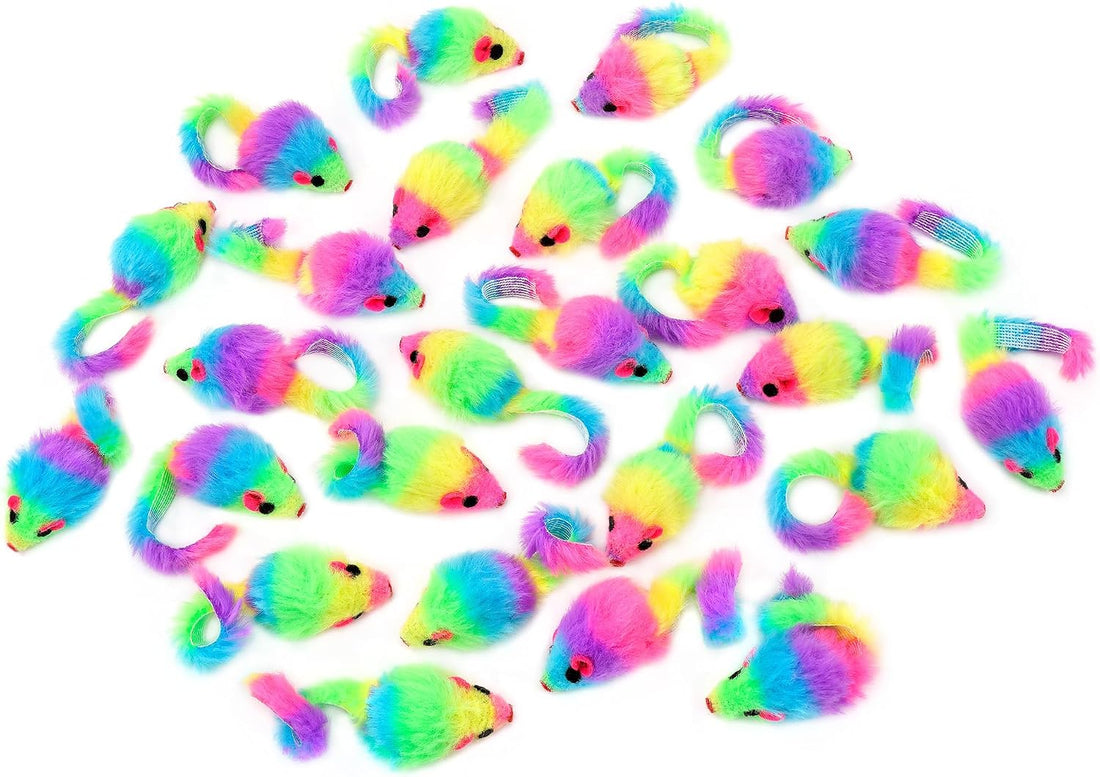 CHIWAVA 36PCS 1.8" Rainbow Color Furry Cat Toy Mice with Rattle