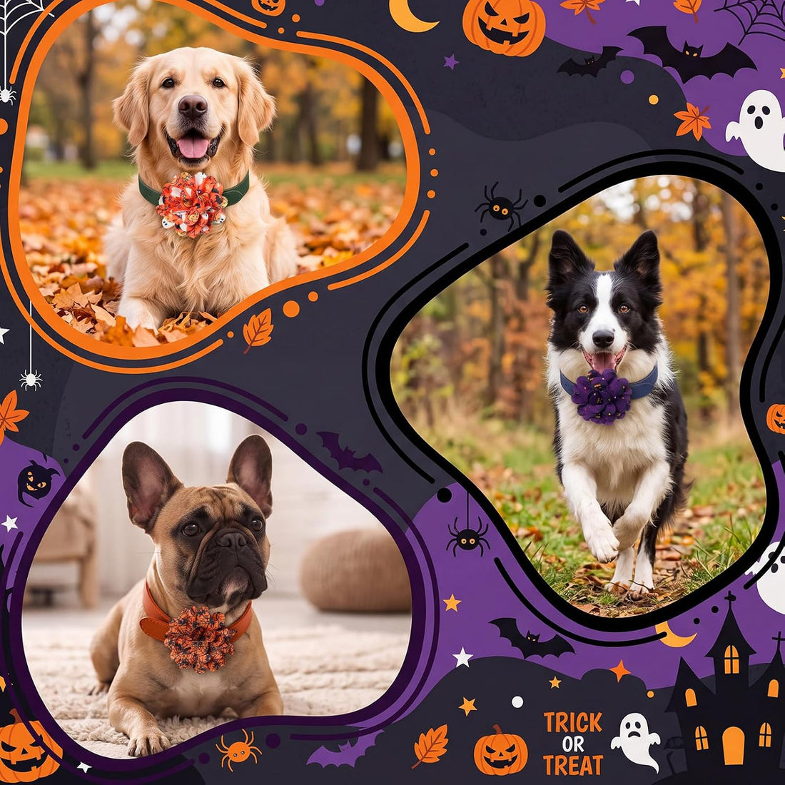 Dansydaisy 50 Pcs Halloween Dog Collar Flowers Bulk, Pumpkin Ghost Bat