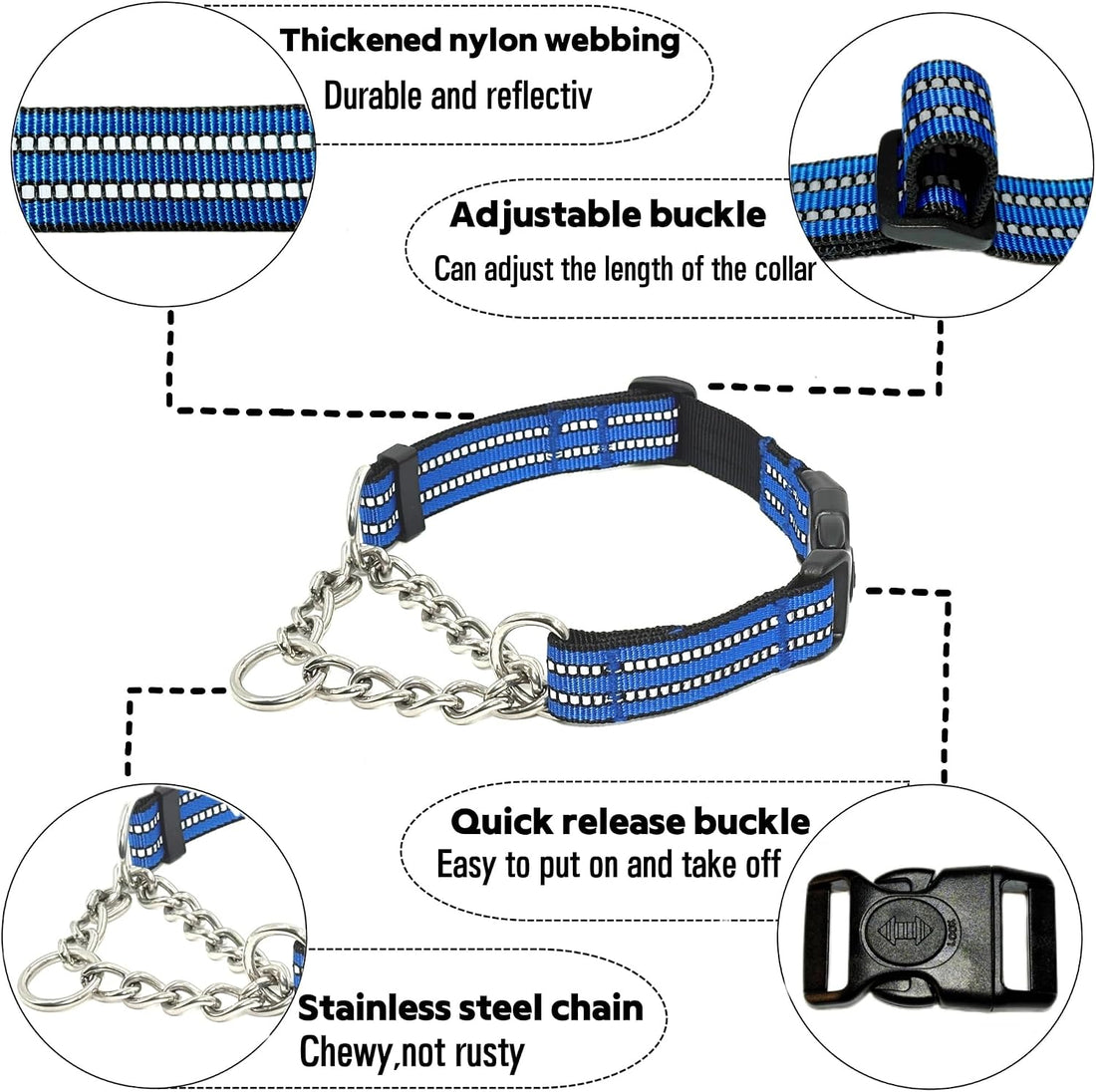 Chain Martingale Dog Collar, No Pull Reflective Training Collar, Blue