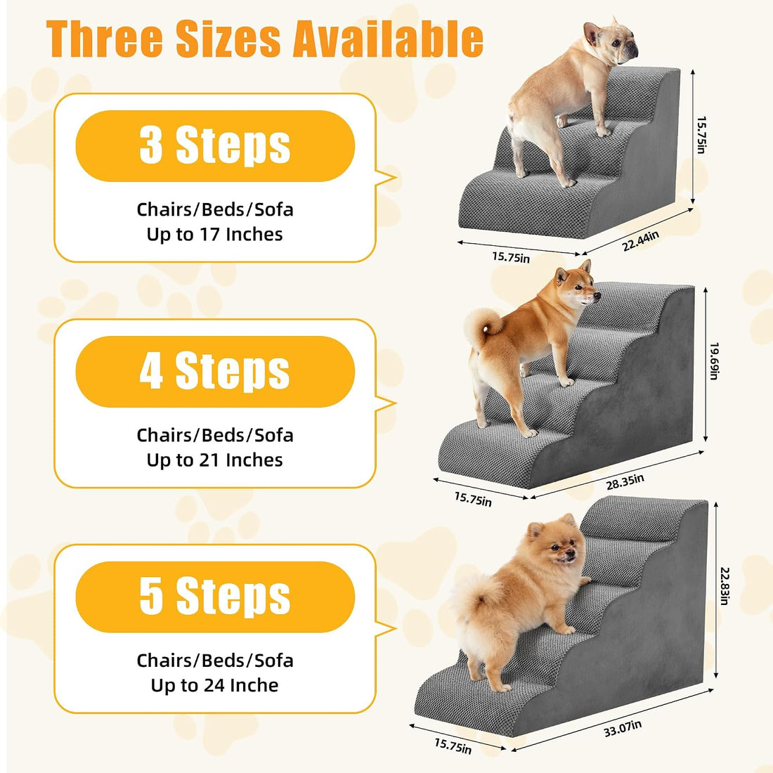 3-Step Dog Stairs for Small Dogs and Cats, 16" H Dog Steps