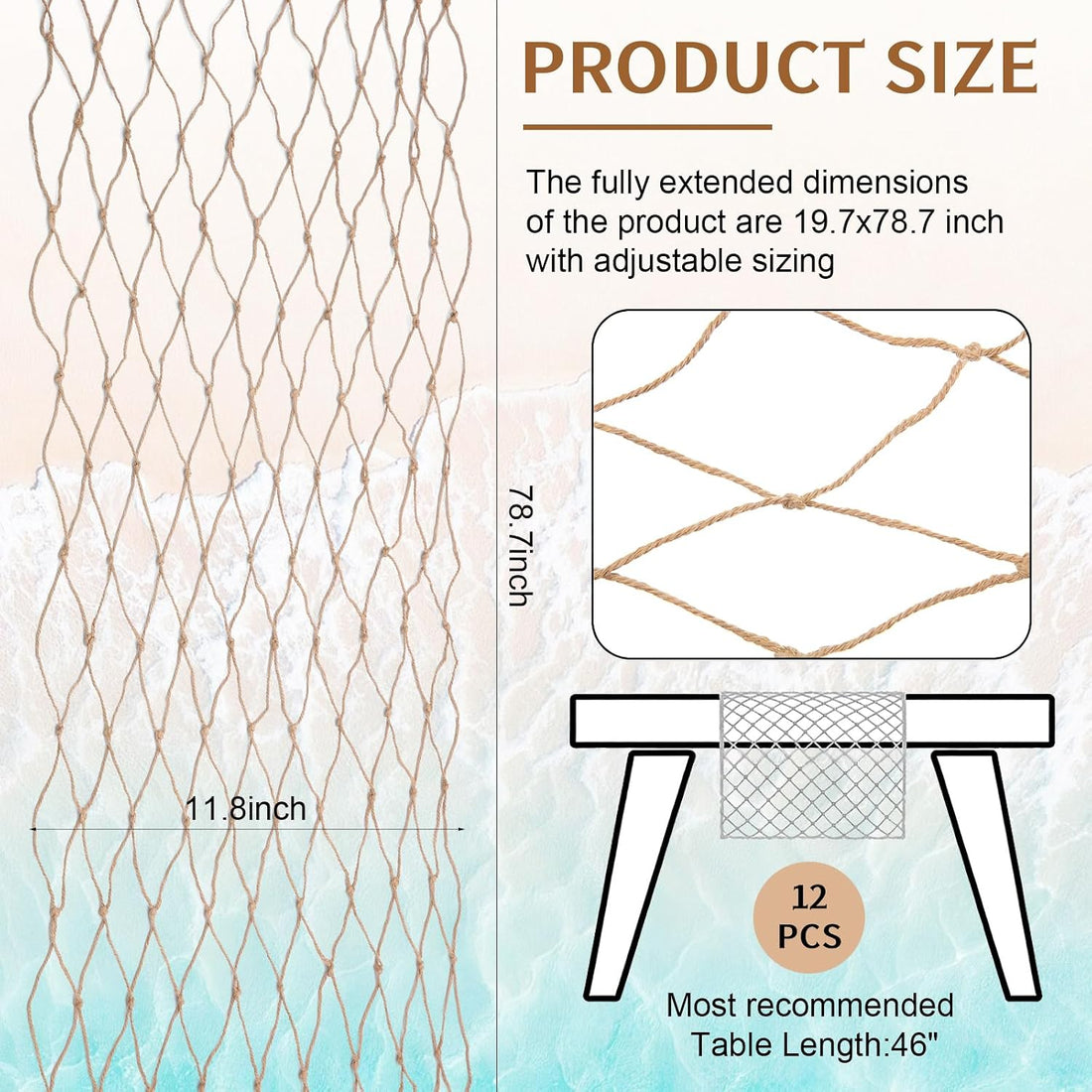 SATINIOR 12 Pcs 12 x 72'' Fishing Net Table Runner Party Decor