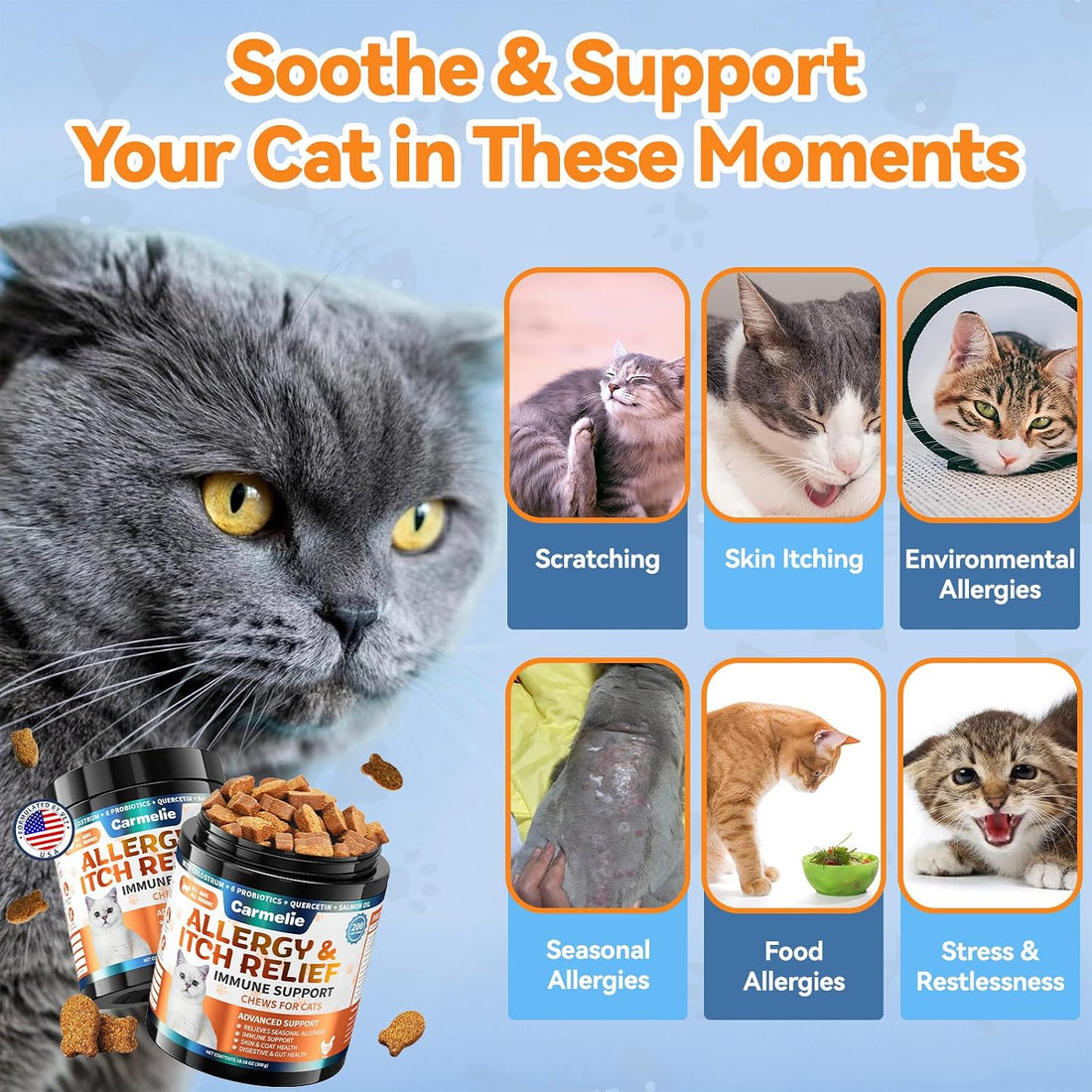 Carmelie Cat Allergy Chews with Probiotic, Skin and Immune Support