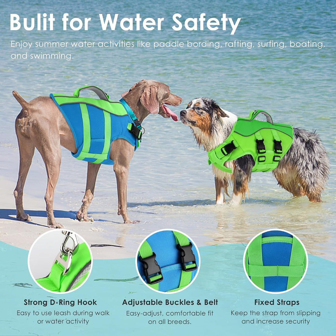 Petglad Dog Life Jacket with Handle Adjustable Swim Vest, Blue & Green