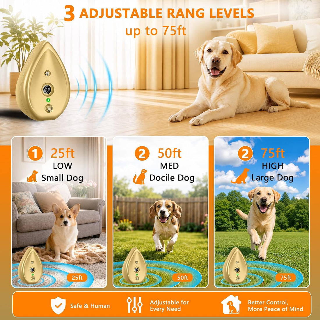 Ultrasonic Anti Barking Device for Dogs, Rechargeable Bark Box, 75ft