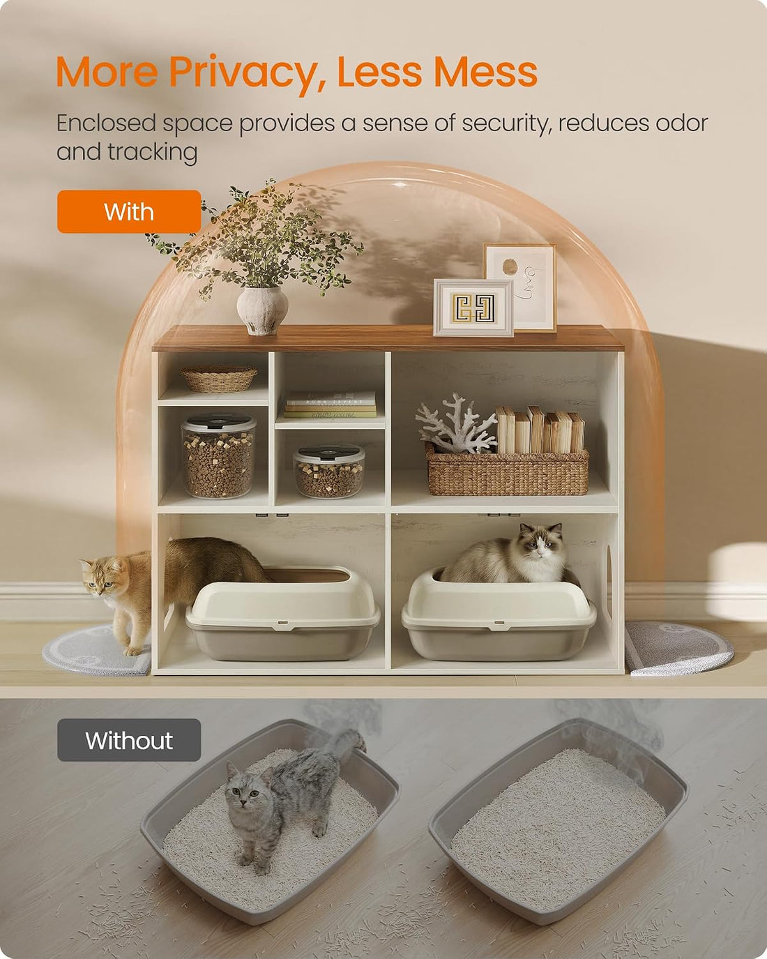 Feandrea Litter Box Enclosure for 2 Cats, with Storage Cabinet