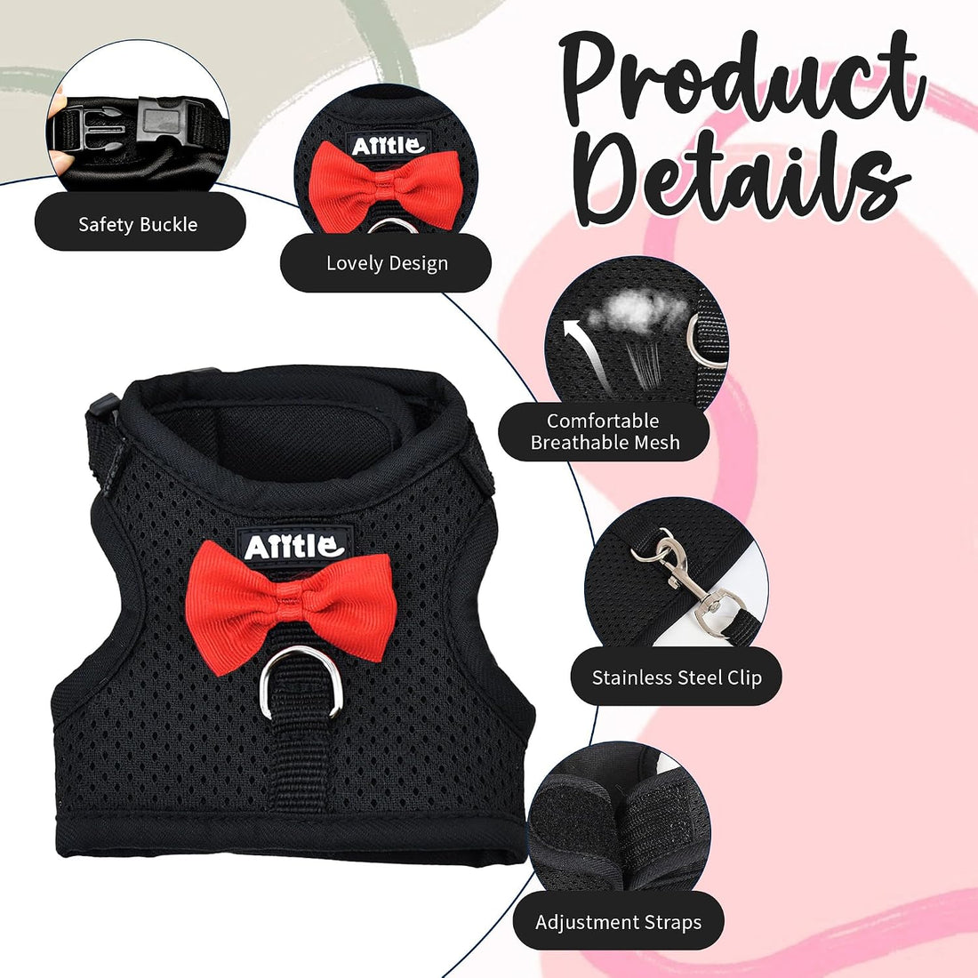 AIITLE Breathable Bunny Harness and Leash Set with Cute Bow, Black S