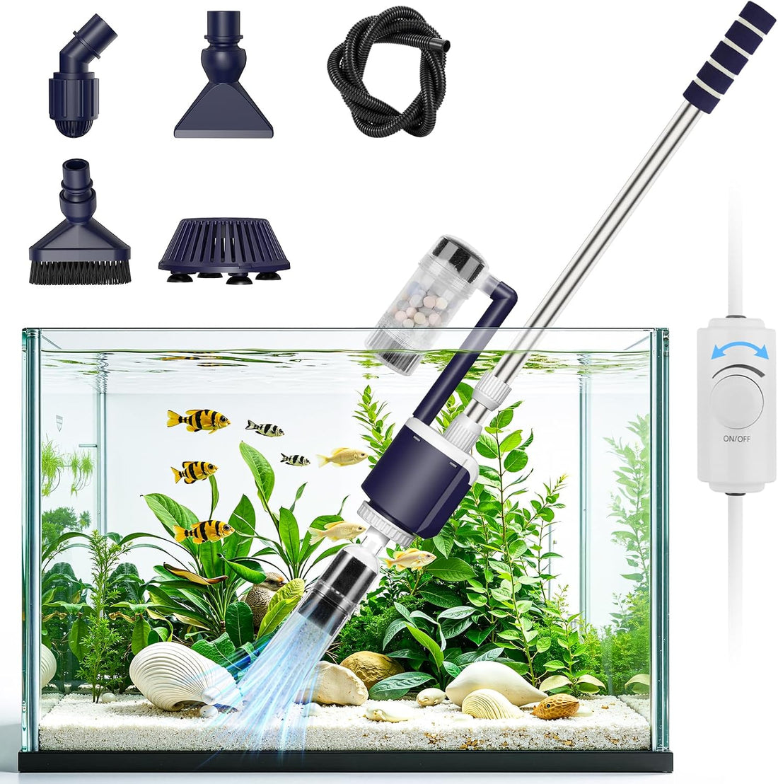 AQQA 600 GPH Electric Aquarium Gravel Cleaner 6-in-1 Fish Tank Vacuum