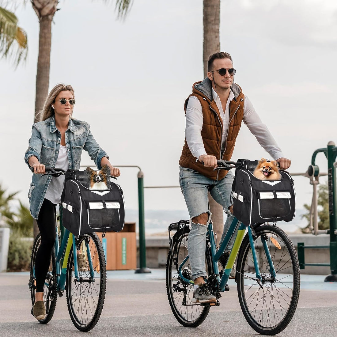 Dog Bike Basket, Foldable Pet Bike Carrier Backpack with Safety Strap