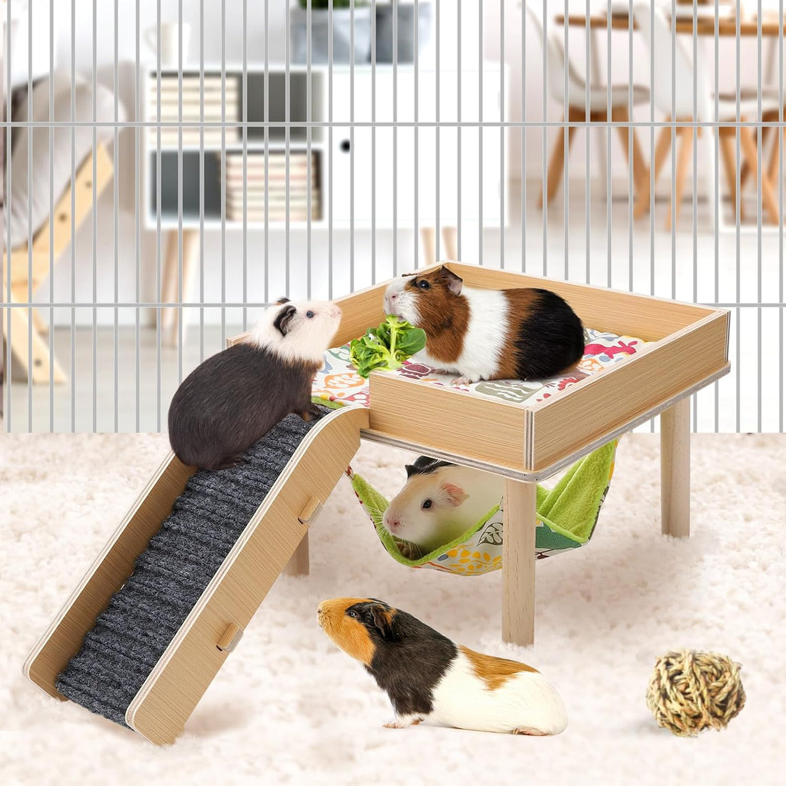 MEWTOGO Wooden Guinea Pigs Hammock with Platform