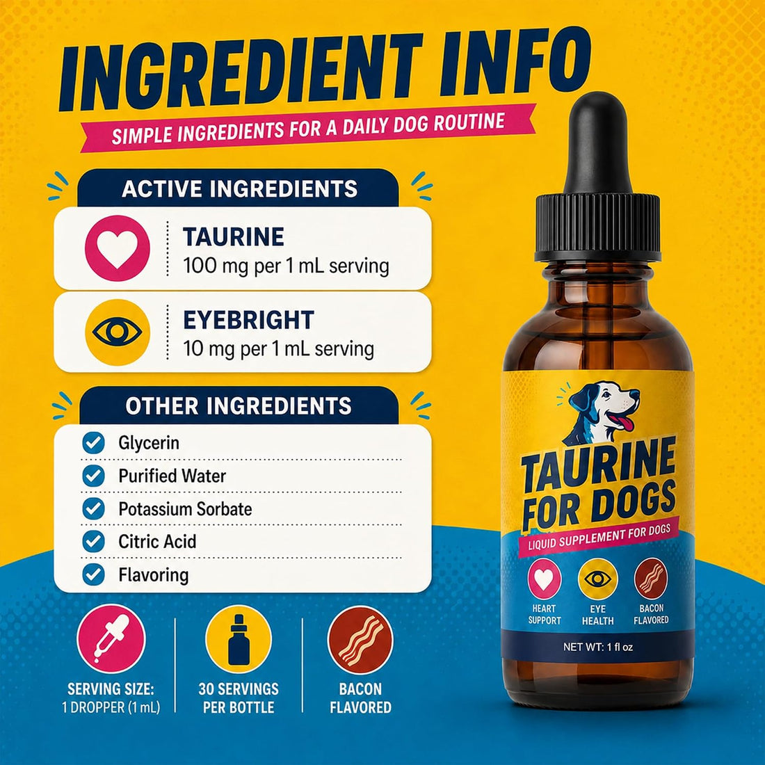Taurine for Dogs Liquid Supplement, Bacon, 1 fl oz