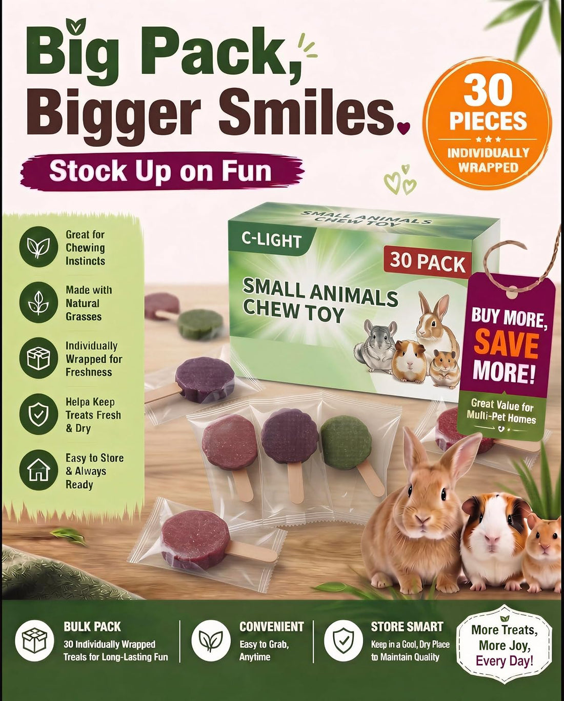 C-LIGHT Guinea Pig Chew Toys, Rotating Spinner + 8 Pcs Timothy