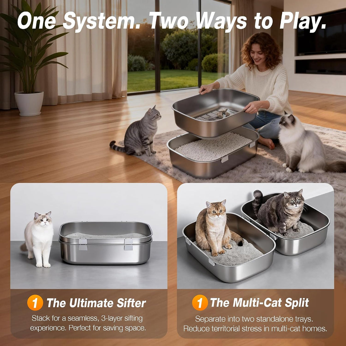 Triple Pan Stainless Steel Sifting Cat Litter Box