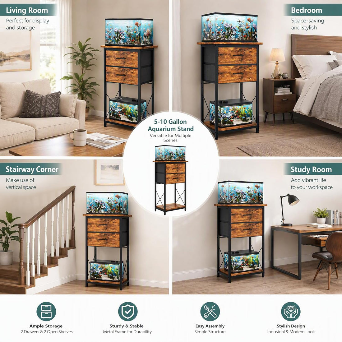 5-10 Gallon Fish Tank Stand with 2 Drawers and Storage Shelves