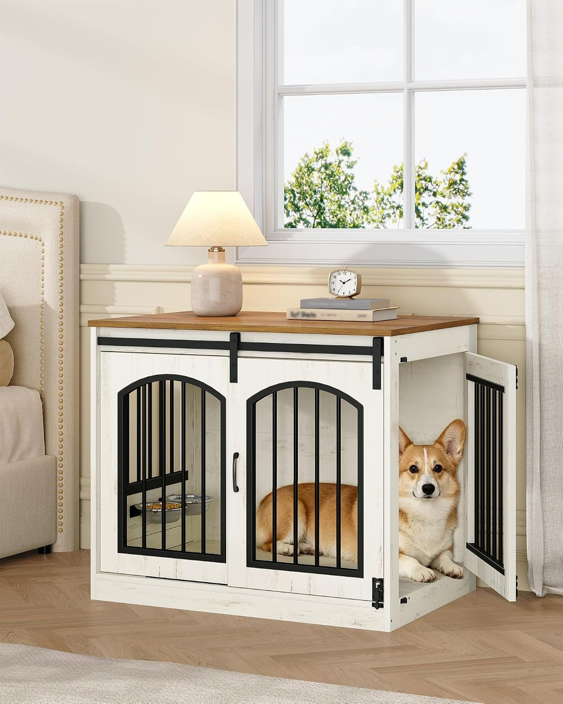 Hzuaneri 31.5 in Dog Crate Furniture Indoor Dog Kennel with 2 Feeding