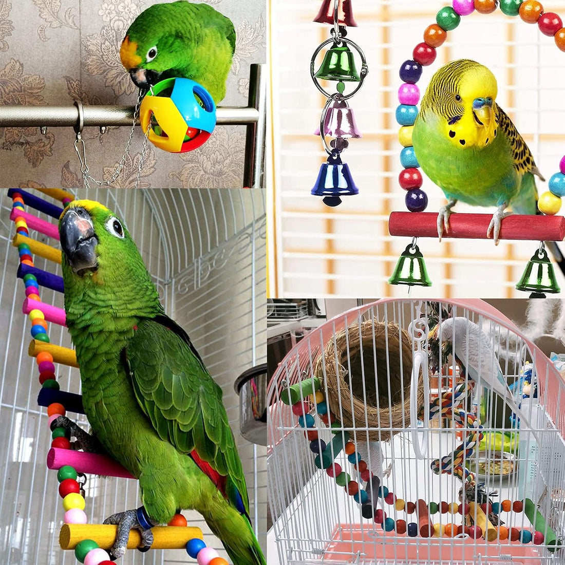 Hamiledyi Bird Parrot Swing Chewing Toy Set 15PCS Wooden Hanging Bell