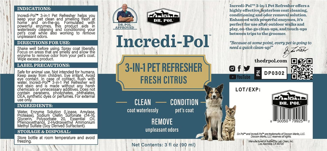Dr. Pol 3-in-1 Waterless Pet Spray Odor Eliminator, Dog, Cat, Fresh