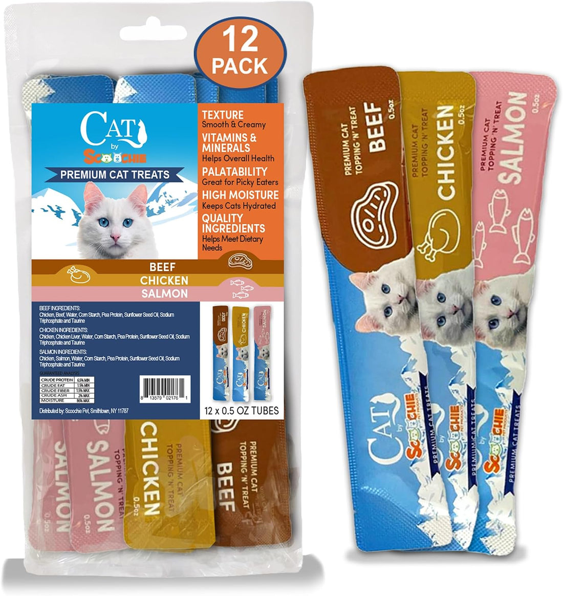 Scoochie Pet Cat Lick Treats, Chicken Salmon & Beef, 0.5oz, 12 Pack
