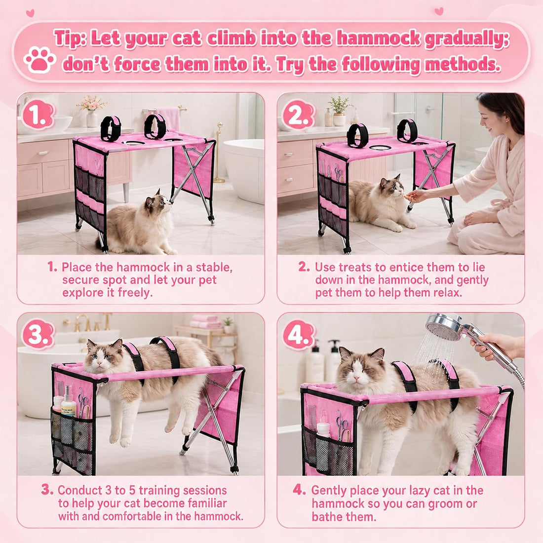 Dog Grooming Hammock with Stand for Small Dogs and Cats, Pink
