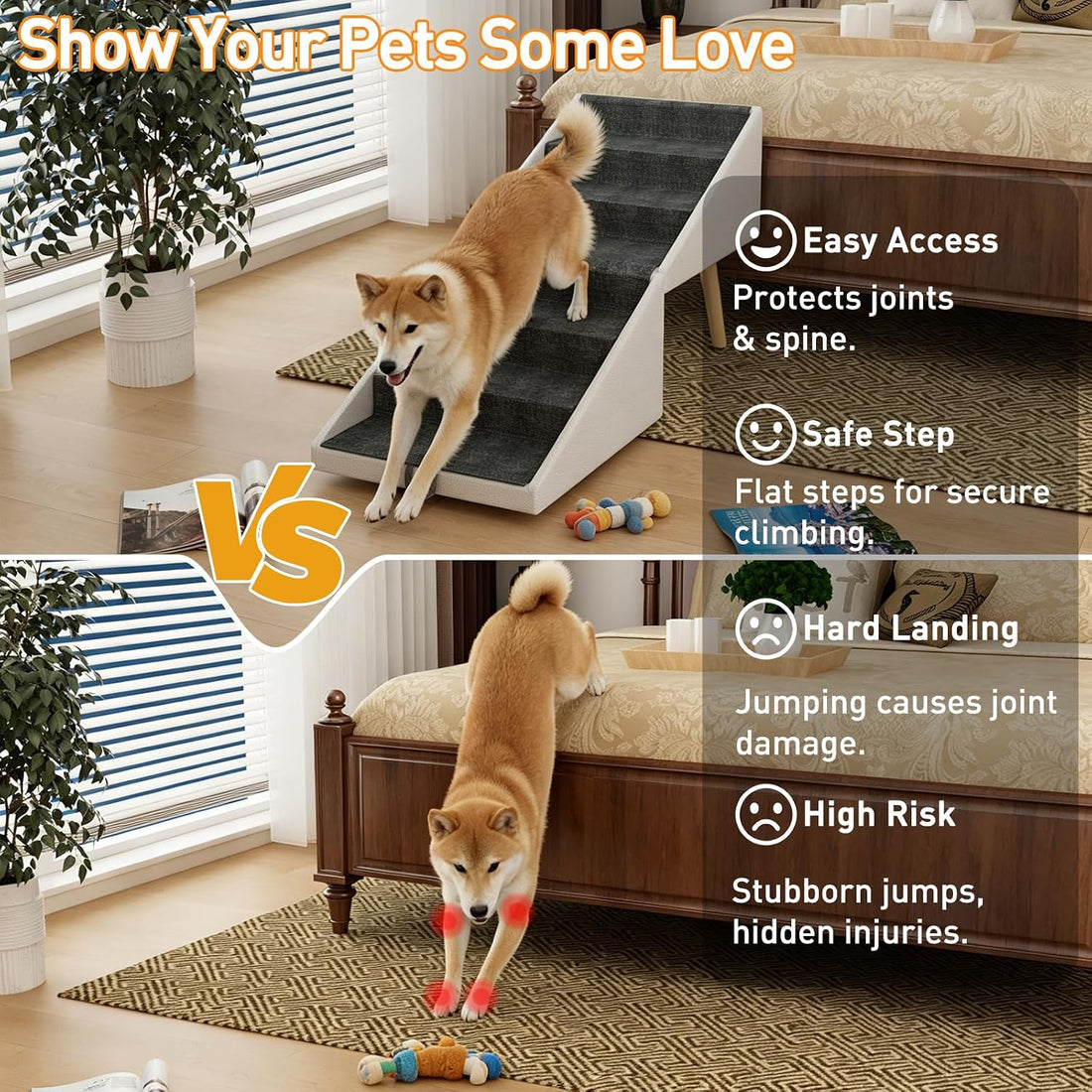 Dog Stairs for High Bed & Couch, 2-in-1 Foldable Ottoman Dog Ramp