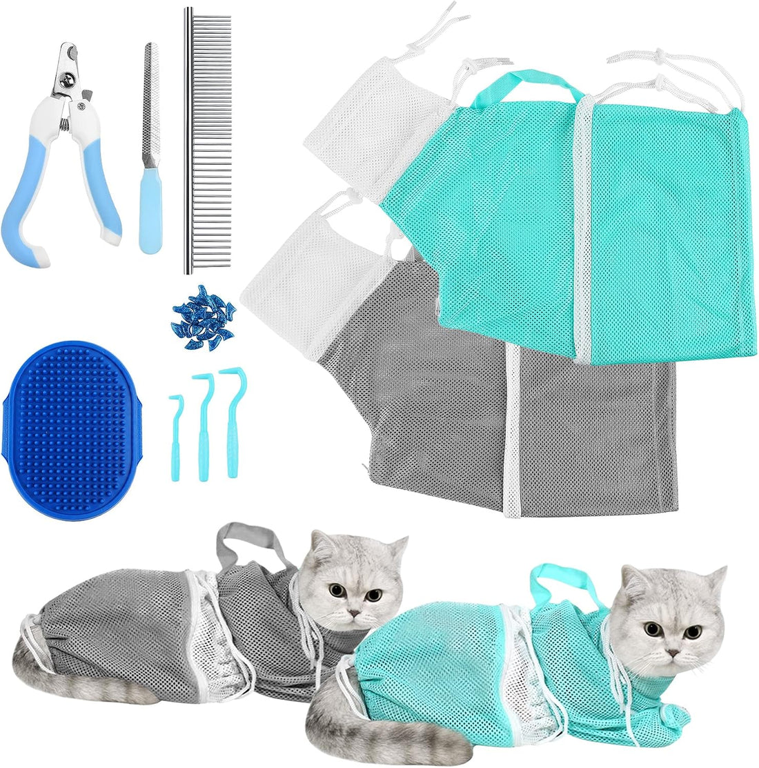 JULMELON 10 PCS Cat Washing Bag for Bath Shower Adjustable Net