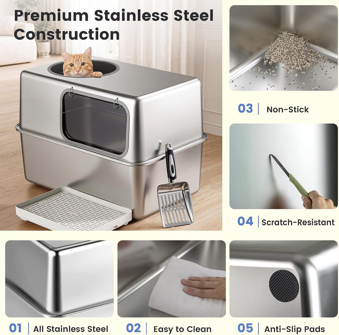 Stainless Steel Litter Box with Lid, Side Entry, 23.1x14.7x15.3 in