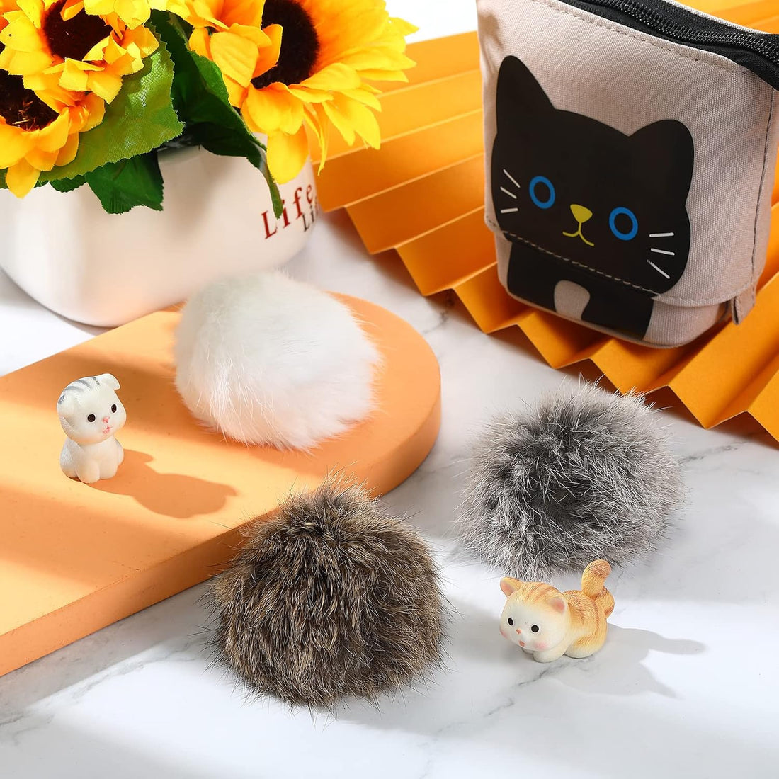 LEIFIDE 12 Pieces Real Rabbit Fur Pom Pom Kitty Cat Toy Fluffy Cat