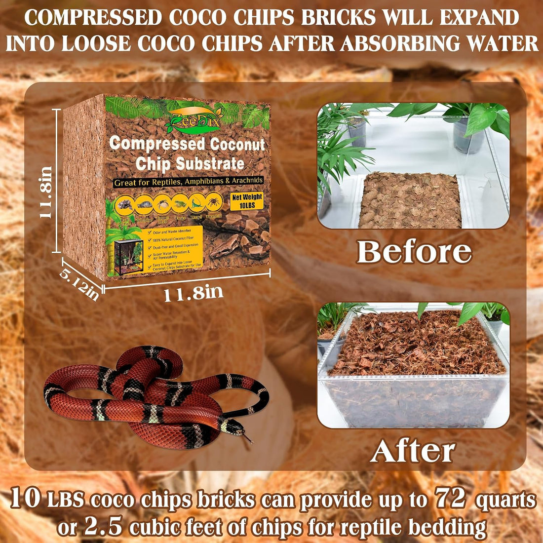 ZeeDix 10LBS Coconut Husk Chip Substrate for Reptiles