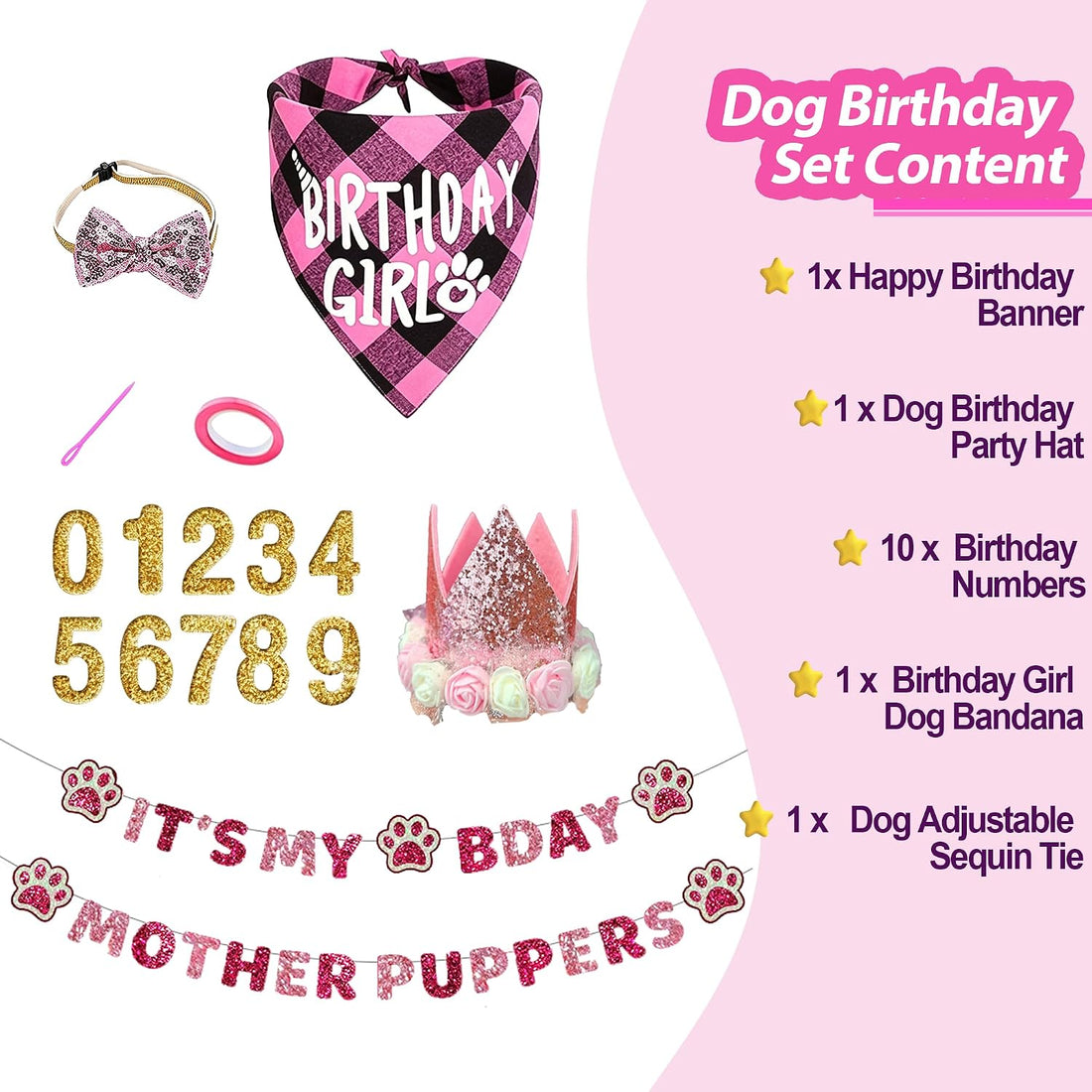 Dog Birthday Party Supplies, Pink Birthday Girl Dog Bandana