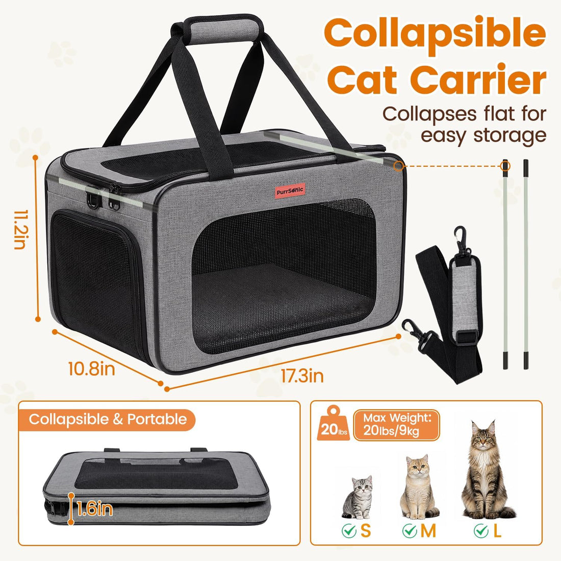 Cat Carrier Soft Sided Airline Approved Portable Travel Bag, Gray