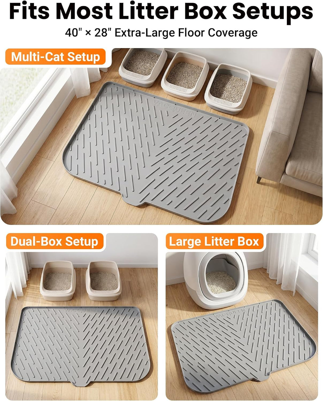 XL Silicone Cat Litter Mat, 40 x 28 Inch, Large Litter Box Mat, Gray
