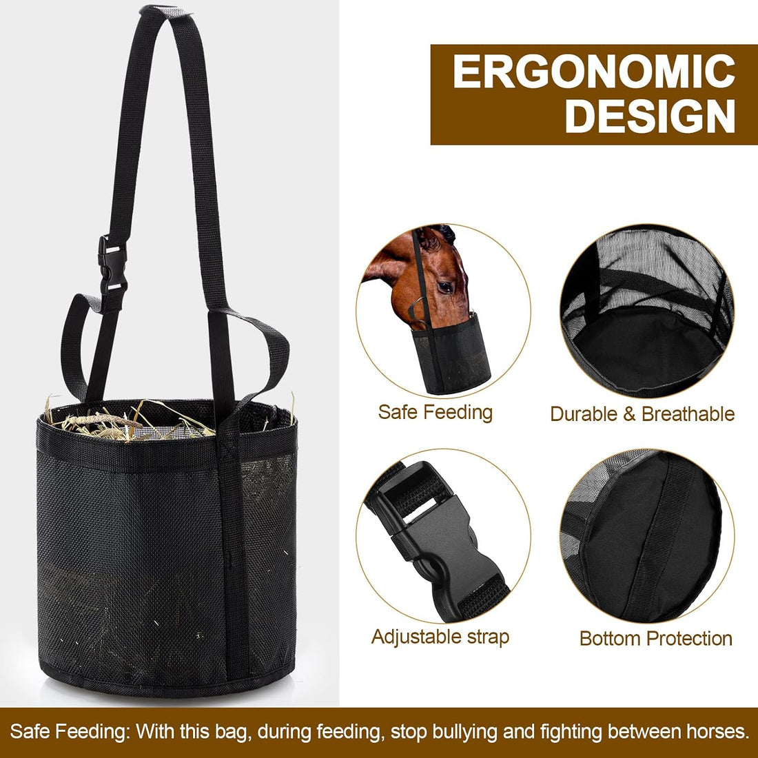 2 Pcs Horse Feed Bag, Heavy Duty Mesh Feeder with Adjustable Strap