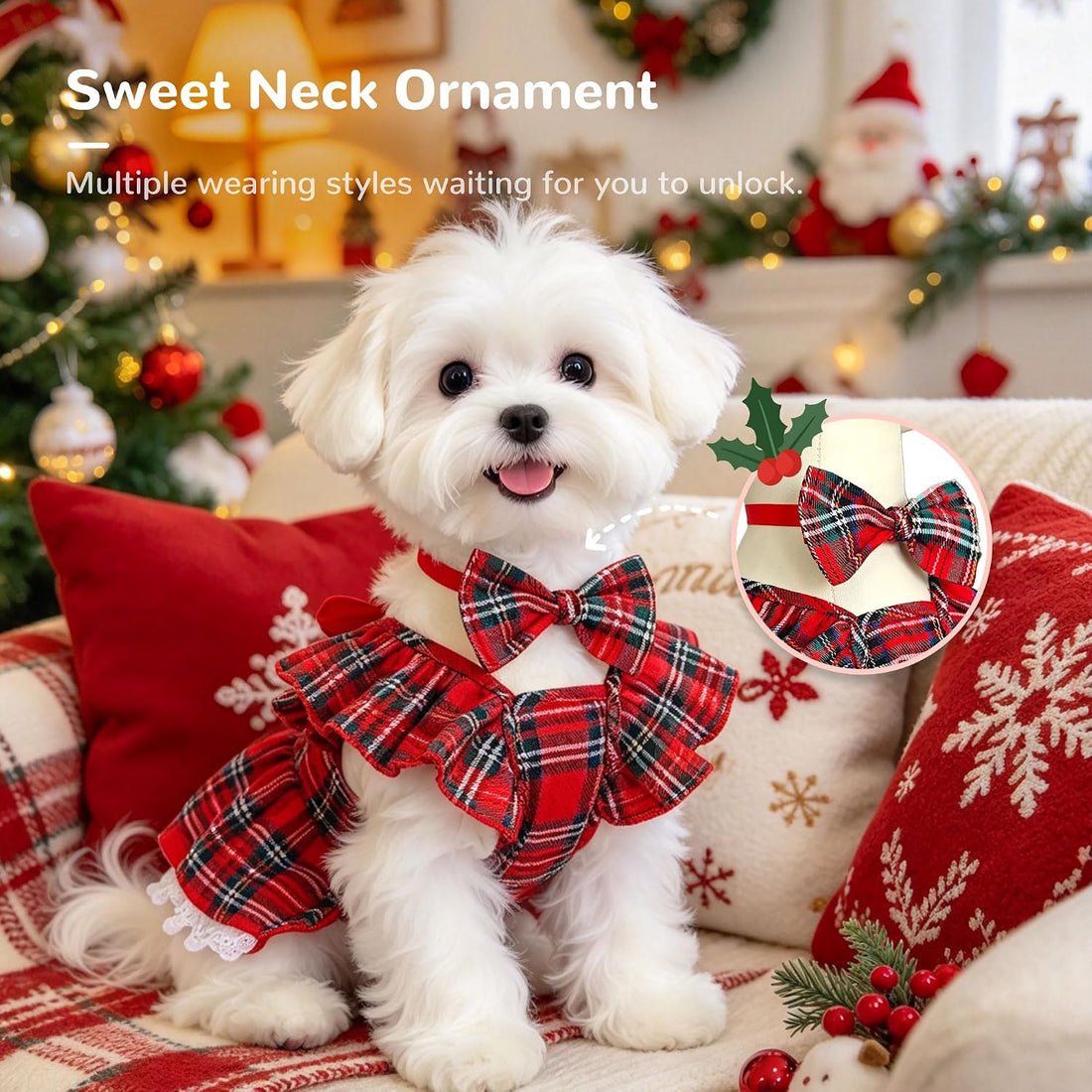 ABRRLO Plaid Small Dog Cat Christmas Dress Outfits with Bow & Leash