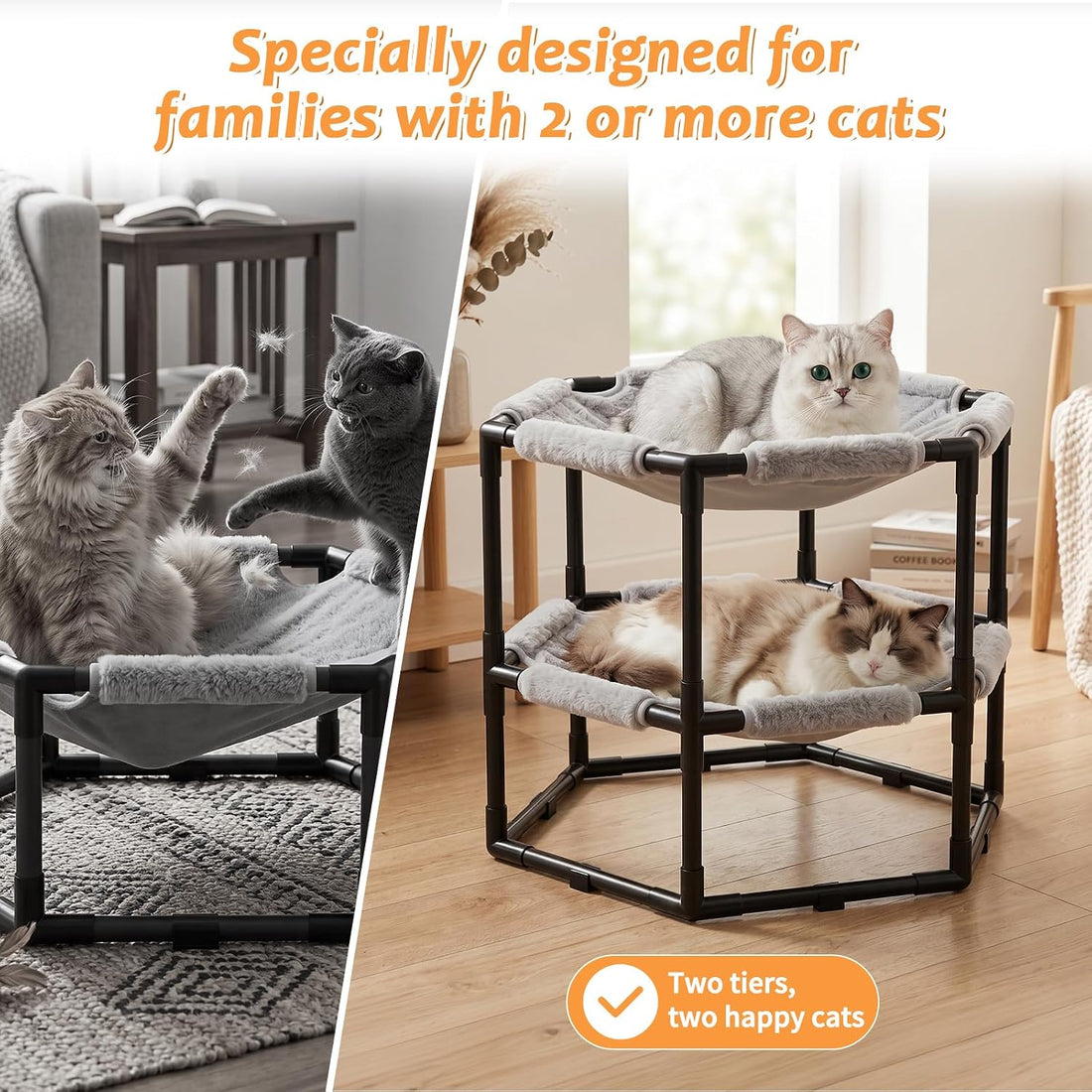 Elevated Cat Hammock Bed, Hexagon Raised Cat Bunk Bed Swing Cot Chair