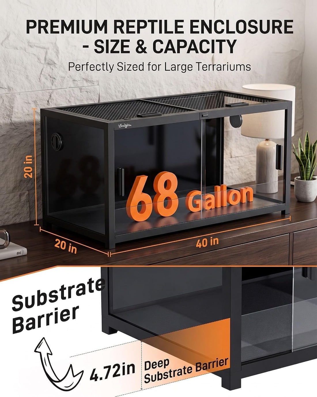 68 Gallon Reptile Tank, Reptile Enclosure Front Sliding Door