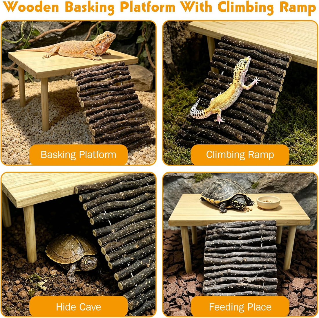 VCEPJH Wooden Bearded Dragon Basking Platform with Climbing Ramp, XL