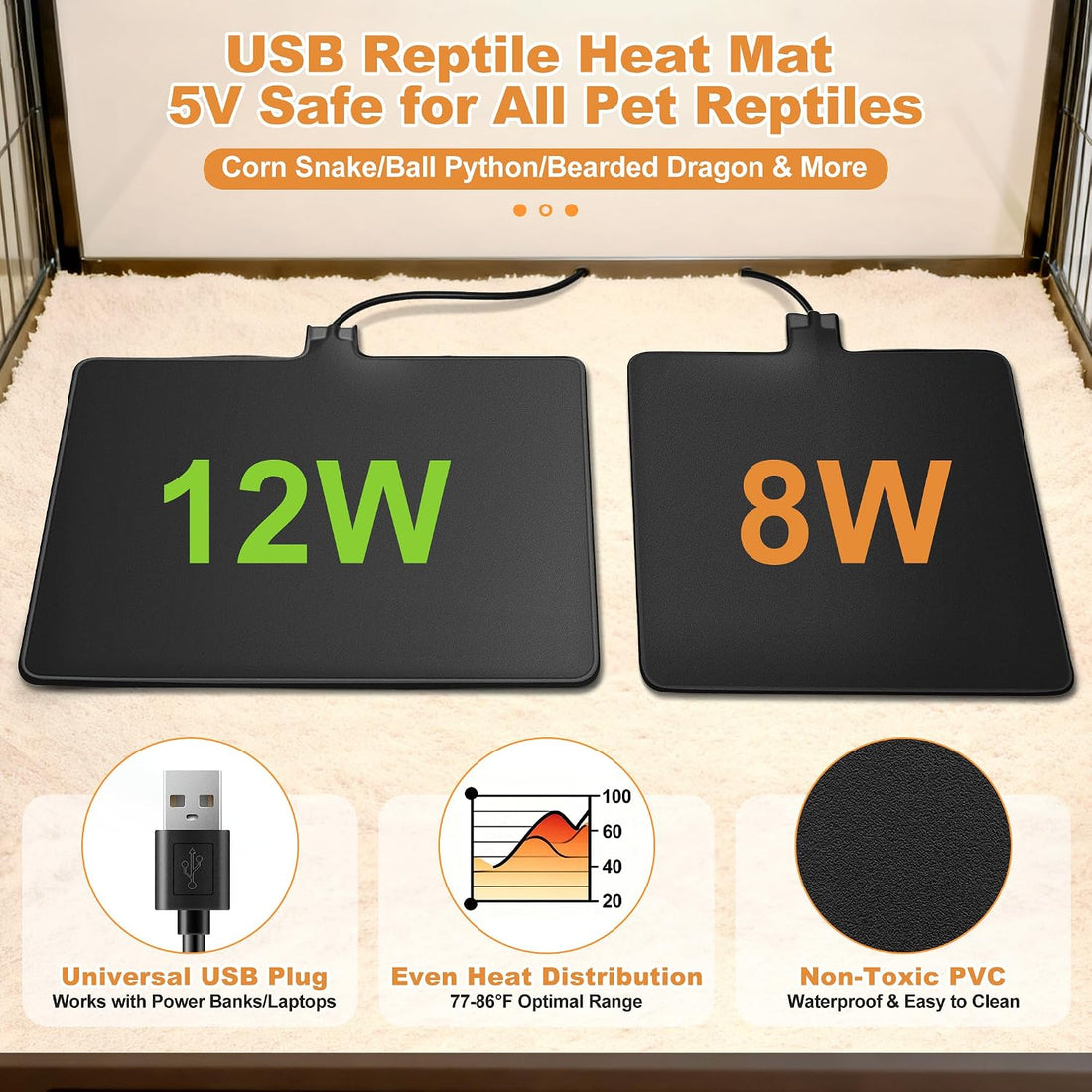 USB Reptile Heat Pad, 8"X8" 12W Heating Mat for Reptiles