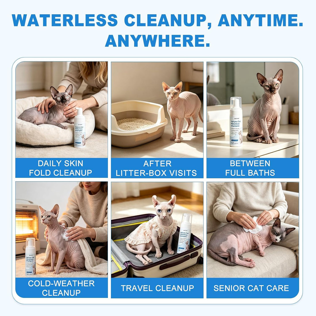 Sphynx Cat Waterless Shampoo, No-Rinse Foam for Oily Skin