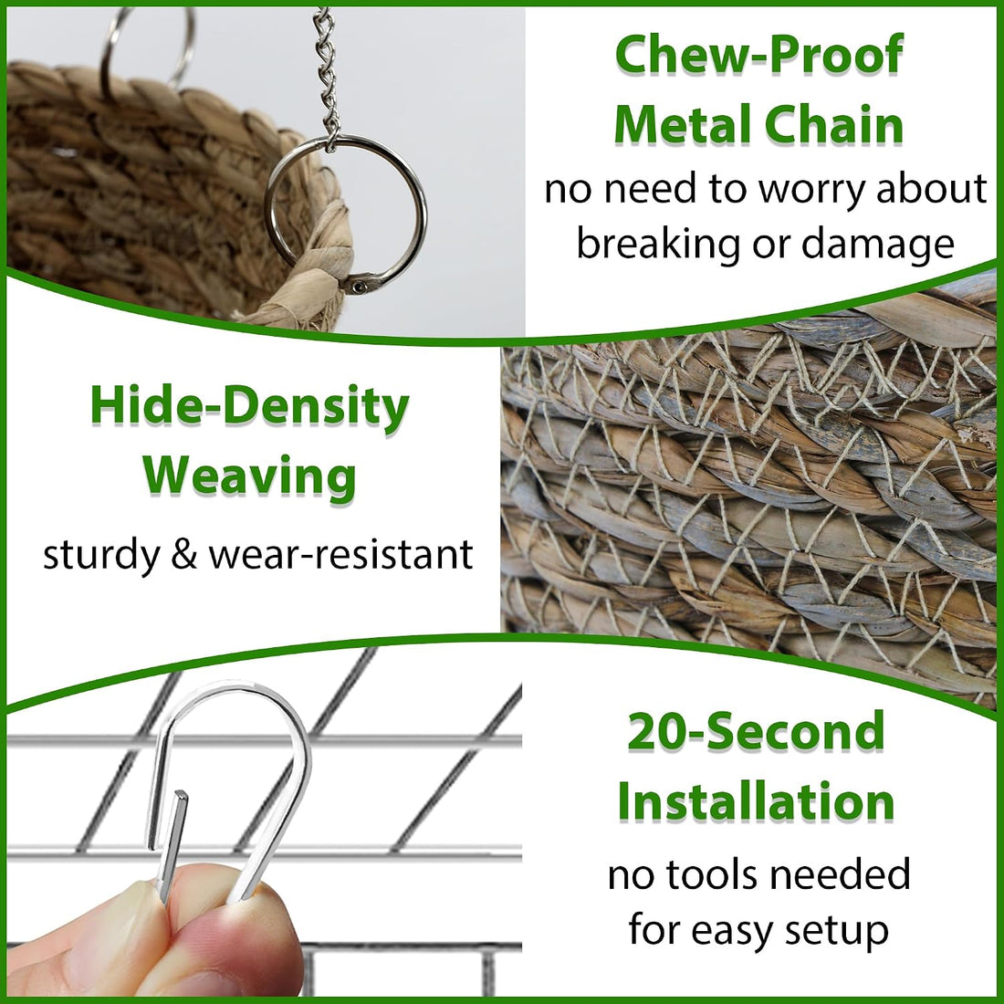 Natural Grass Rat Hammock for Cage, Tightly Woven Non-Collapse