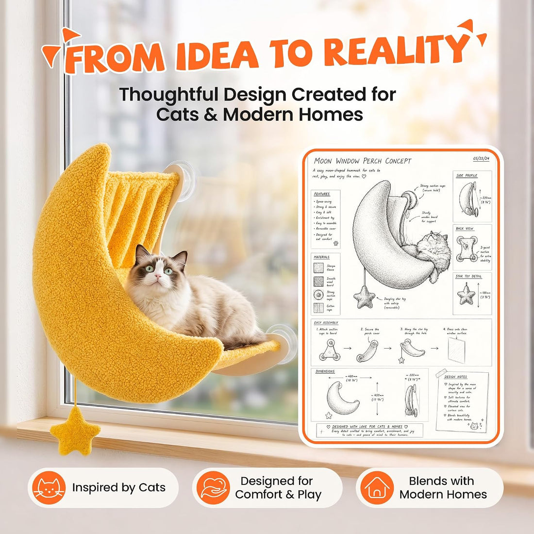 Cat Window Perch Moon Shape, Large Window Cat Bed Washable