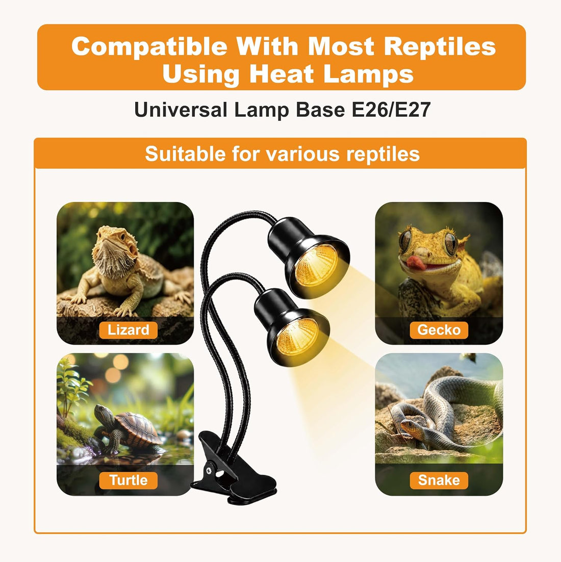 Dual Head Reptile Heat Lamp, 3H/6H/9H Timer, 0-10 Level Dimming