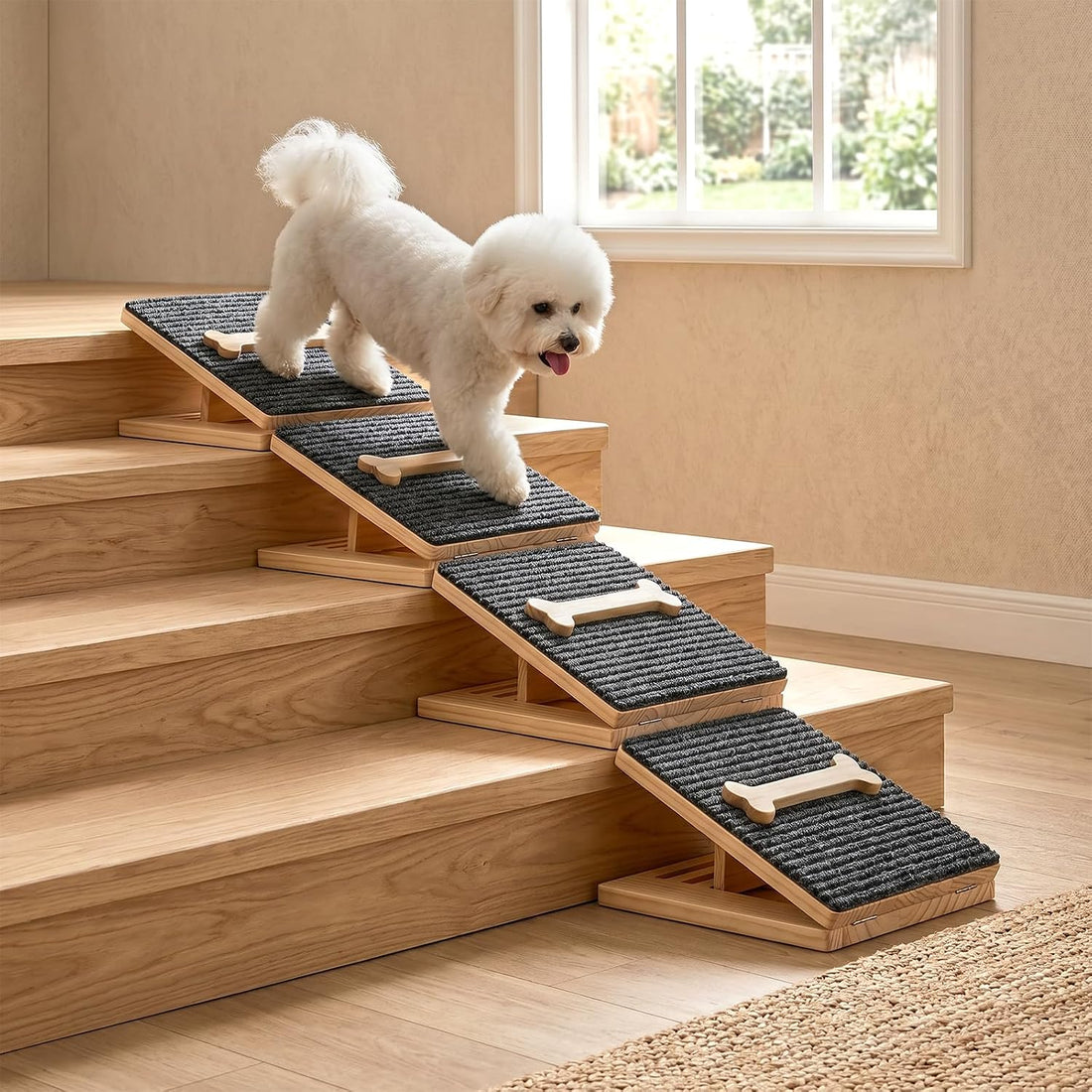 Dog Ramp for Stairs,2 Pack Adjustable Foldable Wooden Pet Steps